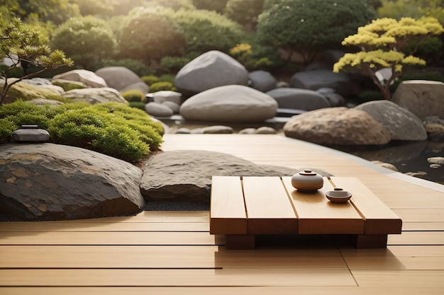 Ein Holzbrett gegen einen ruhigen Zen-Garten