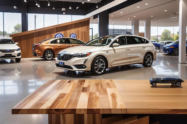 Ein Holzbrett in einem Autohändler mit neuen und glänzenden Fahrzeugen ausgestellt