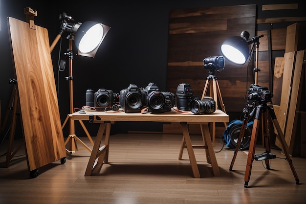 Ein Holzbrett in einem Fotostudio mit professionellen Kameras und Geräten