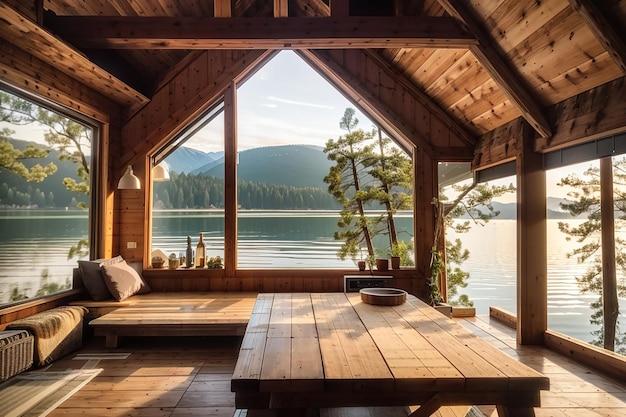 Ein Holzbrett in einer ruhigen Hütte am See