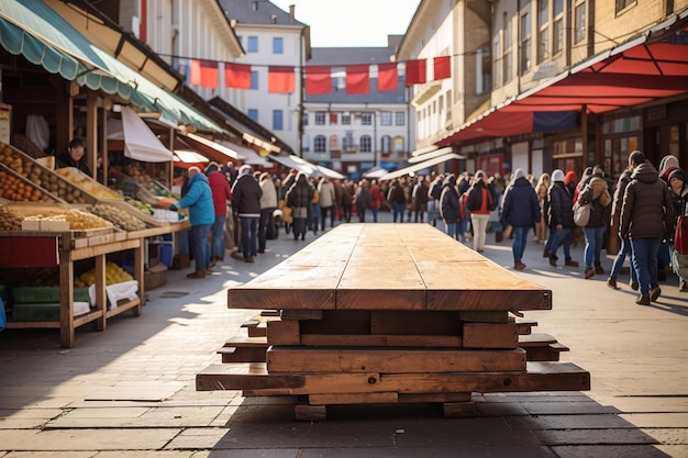 Ein Holzbrett inmitten eines geschäftigen Marktplatzes