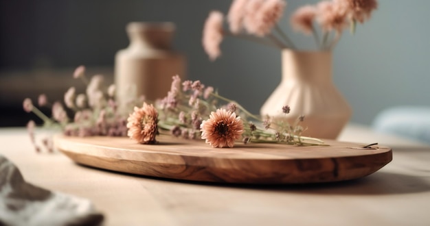 Ein Holzbrett mit Blumen liegt auf einem Tisch mit weißem Hintergrund