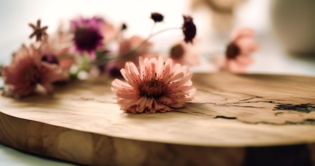 Ein Holzbrett mit Blumen liegt auf einem Tisch mit weißem Hintergrund