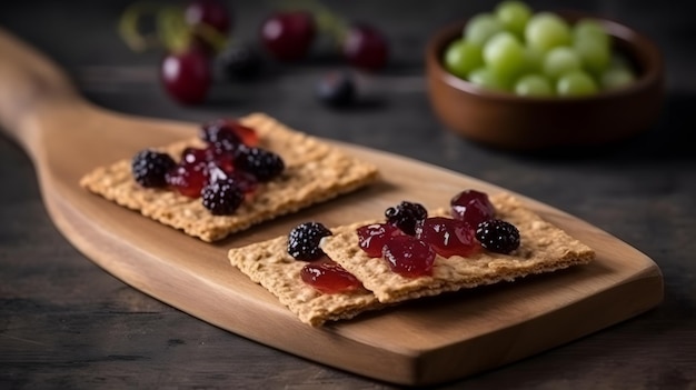 Ein Holzbrett mit einer Schale voller Weintrauben und einem Cracker mit Beeren darauf.