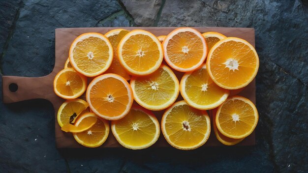 Foto ein holzbrett voller saftige schnitte orangefarbener früchte auf einem steintisch