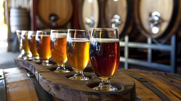 Ein Holzflug von fünf verschiedenen Bieren sitzt auf einem Fass in einer Brauerei Die Biere reichen in der Farbe von hellgold bis dunkelbraun