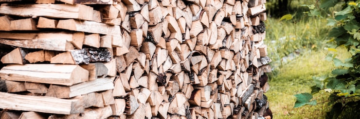 Foto ein holzhaufen mit ernte und gestapeltem brennholz aus gehacktem holz zum anzünden und heizen des hauses. brennholz der birke. banner