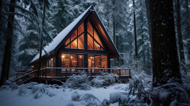 Ein Holzhaus in einem verschneiten Wald