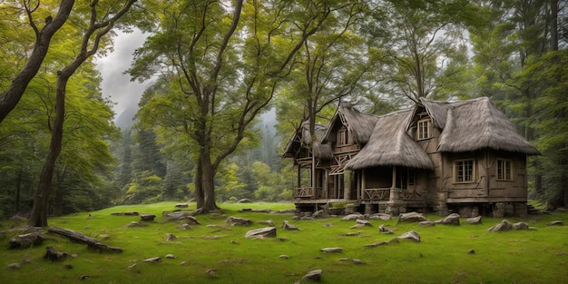 Ein Holzhaus in einem Wald mit Bäumen und Gras.