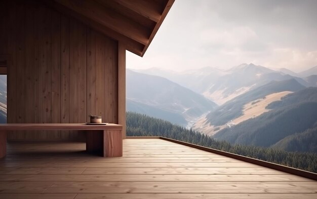 Ein Holzhaus mit Bergblick im Hintergrund