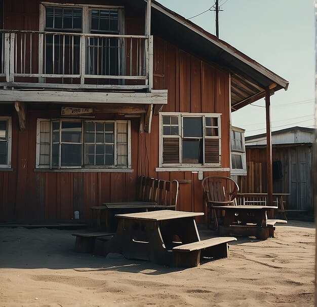 ein Holzhaus mit einem Holzbalkon und einer Bank