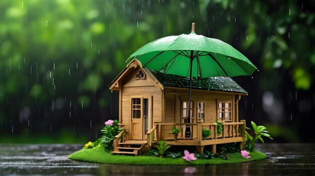 ein Holzhaus mit einem Regenschirm, auf dem ein Haus steht