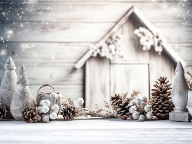 Ein Holzhaus mit Weihnachtsdekoration und einem Tannenzapfen