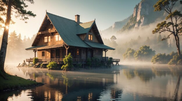 Ein Holzhaus neben einem See im Wald