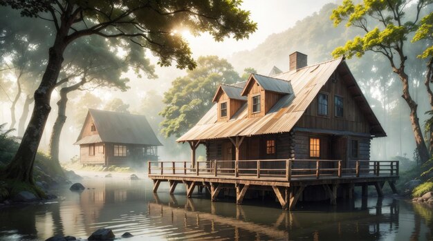 Ein Holzhaus neben einem See im Wald