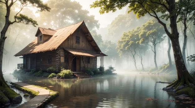 Ein Holzhaus neben einem See im Wald