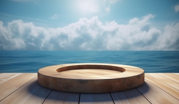 Ein Holzkreis auf einer Holzterrasse mit blauem Himmel im Hintergrund.