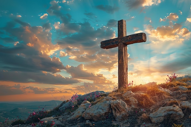 Ein Holzkreuz mit rauen Kanten steht bei Sonnenuntergang auf einem Hügel.