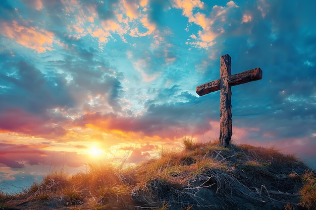 Ein Holzkreuz mit rauen Kanten steht bei Sonnenuntergang auf einem Hügel.