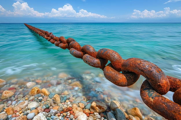 Ein Holzpier mit einem blau-weißen Farbschema. Der Pier befindet sich im Ozean und ist umgeben.