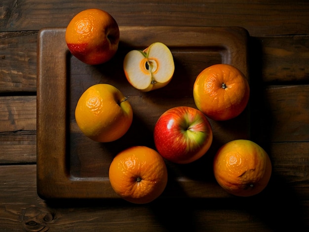 ein Holzplatt mit Orangen und Äpfeln