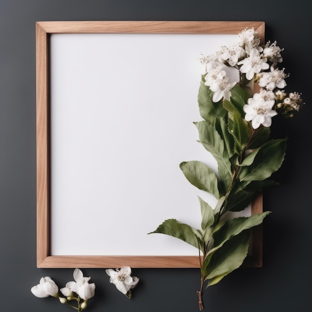 Ein Holzrahmen mit weißen Blumen und einem generativen ai-Brett