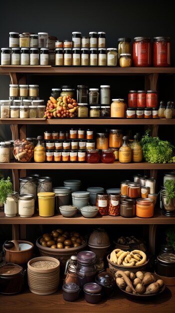 Foto ein holzregal, gefüllt mit einer vielzahl von lebensmitteln wie gewürzen, pasta, obst, gemüse und soßen