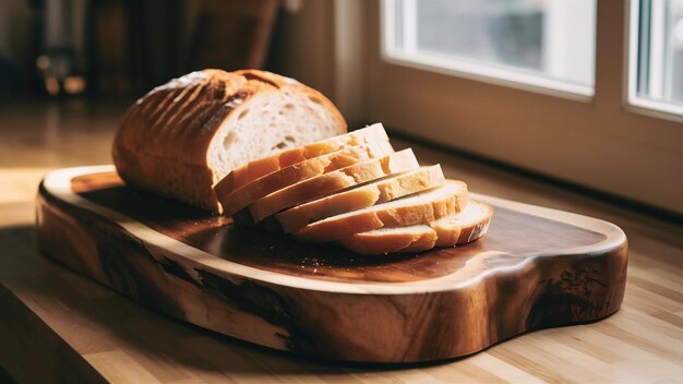 Ein Holzschneidbrett mit Brotstücken