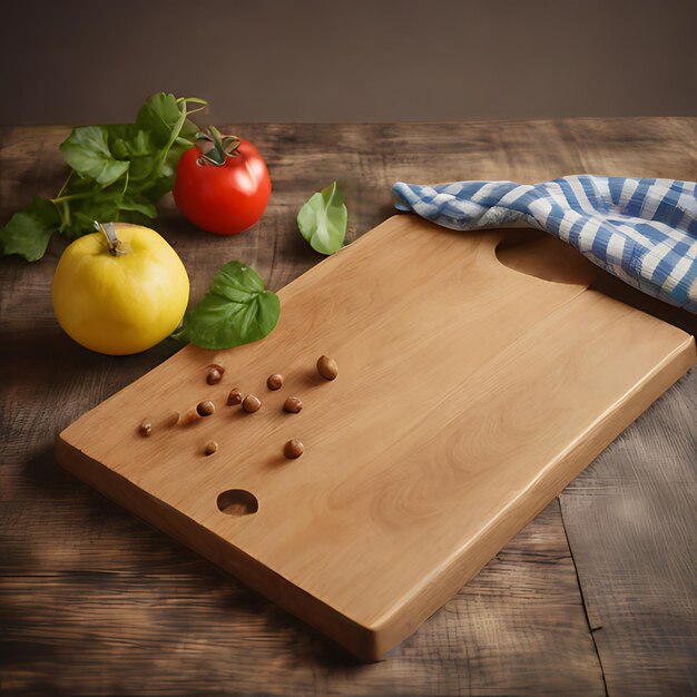 Foto ein holzschneidbrett mit einer tomate und einigen nüssen darauf