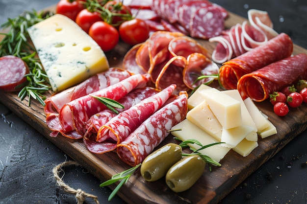 Ein Holzschneidbrett mit Fleisch, Käse und Gemüse auf einem Tisch neben einem Messer und