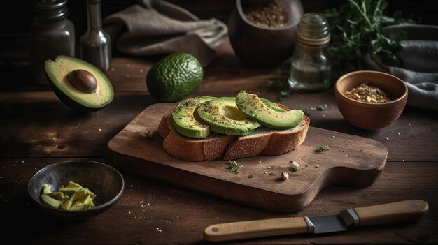 Ein Holzschneidebrett mit Avocado darauf