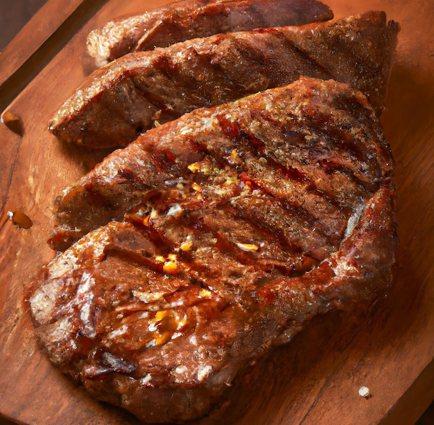 Ein Holzschneidebrett mit Steaks und Soße darauf.