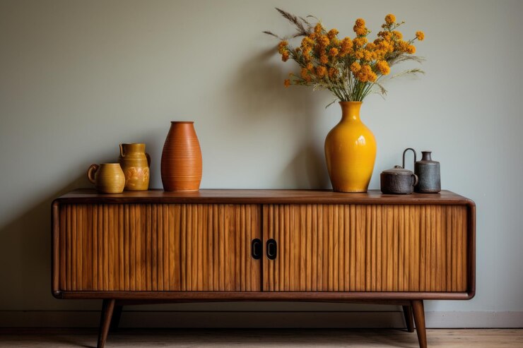 Foto ein holzschrank im dänischen stil mit einem vintage-radio und keramikvasen oben
