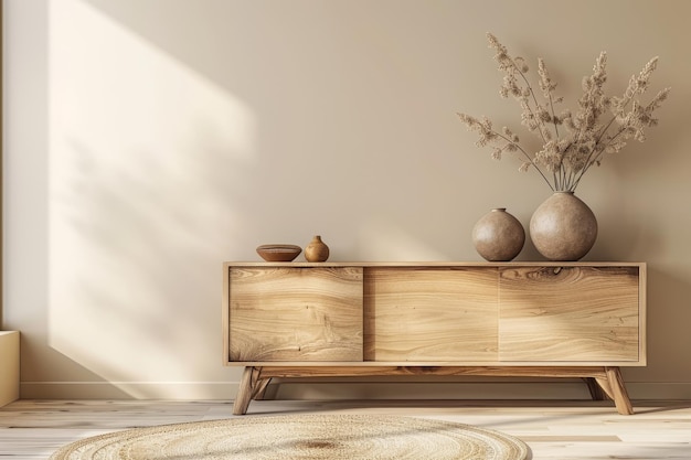 Ein Holzschrank mit einer Vase mit Blumen drauf
