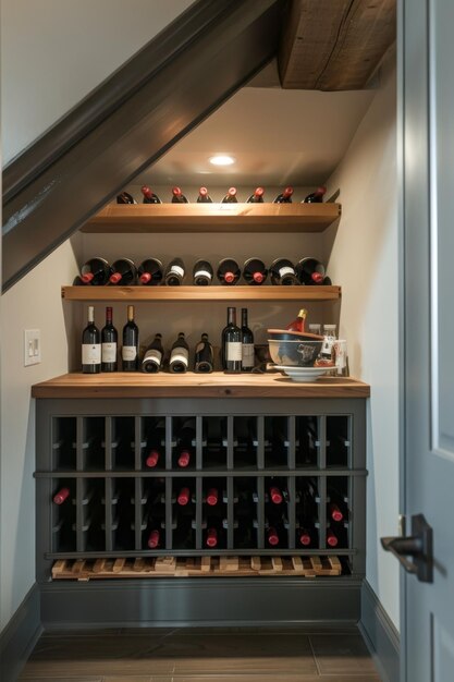 Ein Holzschrank mit Regalen für die Aufbewahrung von Weinflaschen steht in der Küche des Hauses