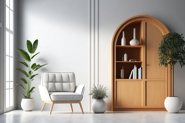Ein Holzschrank und ein Loungesessel stehen in einer weißen Bogennischenwand im Wohnzimmer