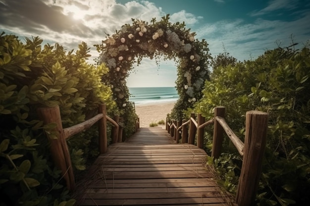 Ein Holzsteg führt zu einem Strand mit einem Blumenbogen.