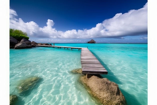 Ein Holzsteg im Wasser mit Blick auf das Meer und einer Palme im Hintergrund.