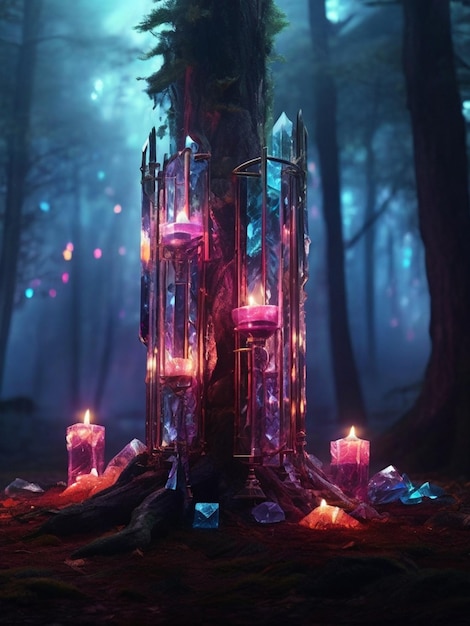 ein Holzstock mit einem Diamant befestigt und umgeben von brennenden Kerzen der mittlere Wald in der Nacht