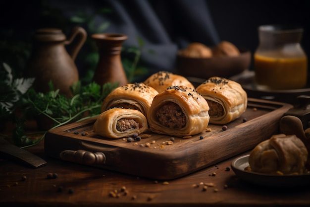 Ein Holztablett mit einem Wurstbrötchen darauf und einer Tasse Tee daneben