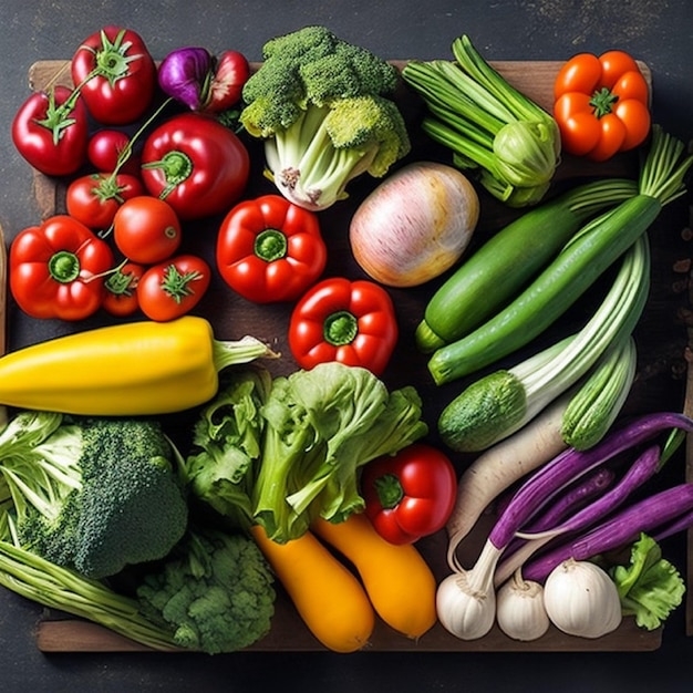 Ein Holztablett mit Gemüse, darunter Brokkoli, Zucchini und rote Paprika.