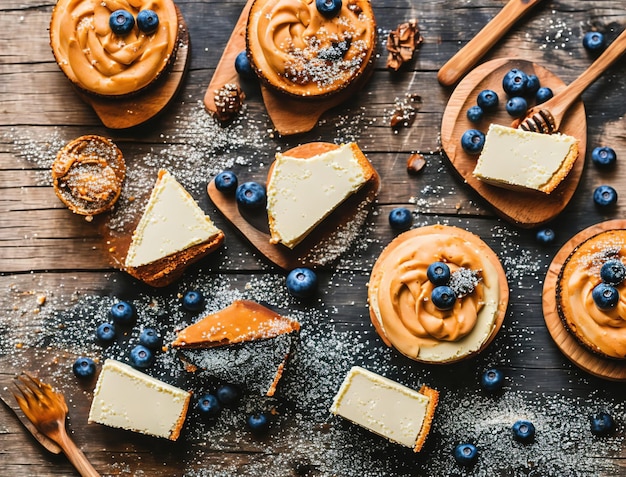 Ein Holztablett mit Käsekuchen mit Blaubeeren darauf