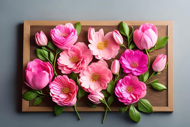 Ein Holztablett mit rosa Blumen darauf