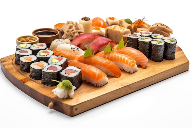 Ein Holztablett mit Sushi in verschiedenen Geschmacksrichtungen.