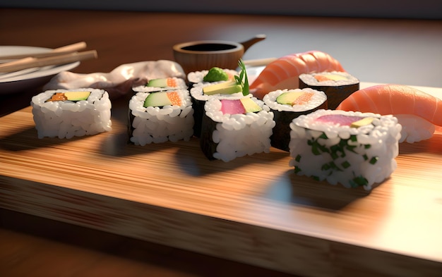 Ein Holztablett mit Sushi und einem Teller Sushi darauf