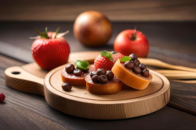 Ein Holzteller mit Obst darauf und einer Erdbeere daneben.