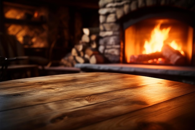 Ein Holztisch an einem gemütlichen Kamin lädt zu Wärme und Gemütlichkeit ein