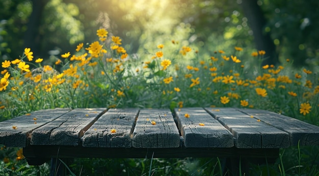 Ein Holztisch im Gras mit Blumen darum herum an einem sonnigen Tag