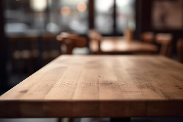 Ein Holztisch in einem Restaurant mit verschwommenem Hintergrund