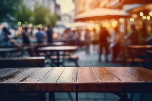 Ein Holztisch in einem überfüllten Straßencafé mit verschwommenem Hintergrund.